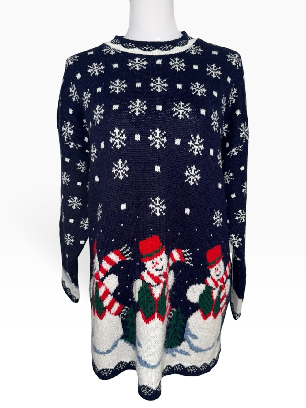 Vintage Nutcracker Christmas Sweater Large Navy Snowman Snowflake 100% Acrylic